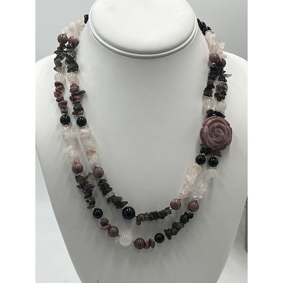 Lee Sands Multi-Gemstone Rhodonite Rose Ouartz Carved Flower Two Strand Necklace - Picture 1 of 14